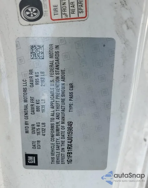 2018 Chevrolet Camaro Lt z USA, uszkodzony, nr VIN 1G1FB1RX4J0159849